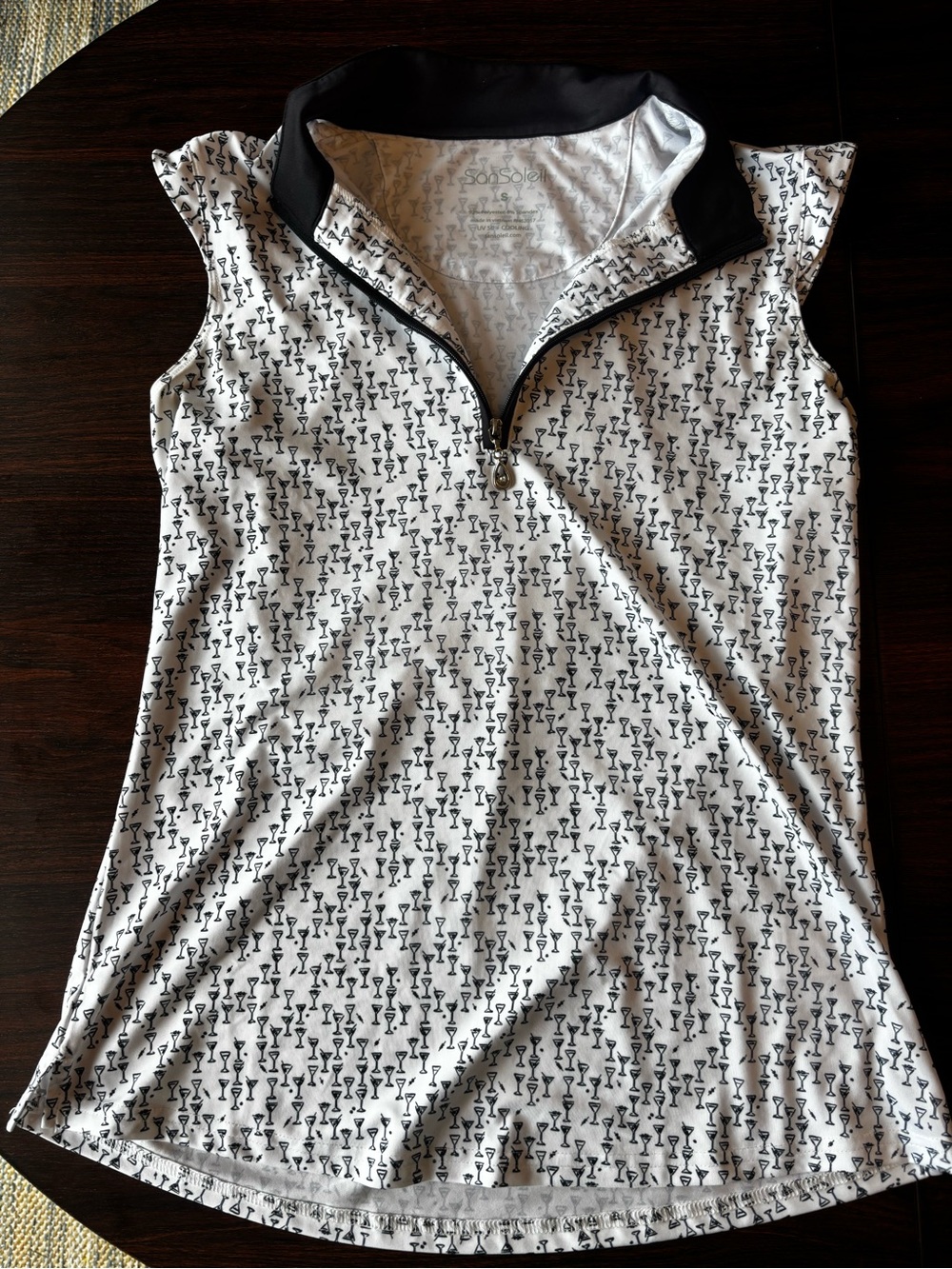 SanSolei White Sleeveless Zip-Front Tank with Black Martini Print